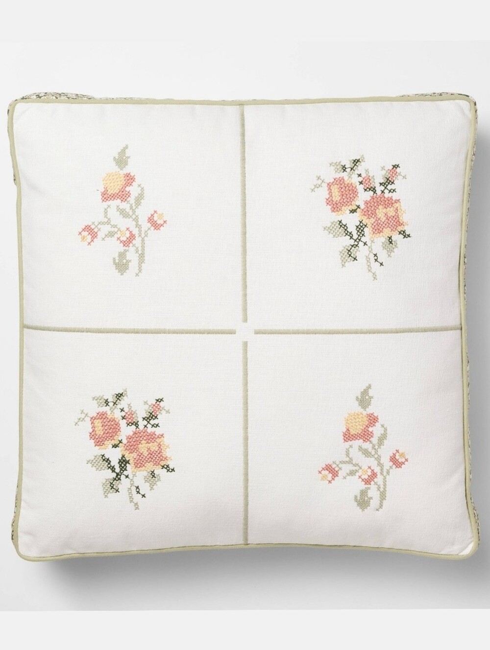 Studio McGee NWT 18" Floral Cross-Stitched Cotton/Linen Throw Pillow Cream/Pink